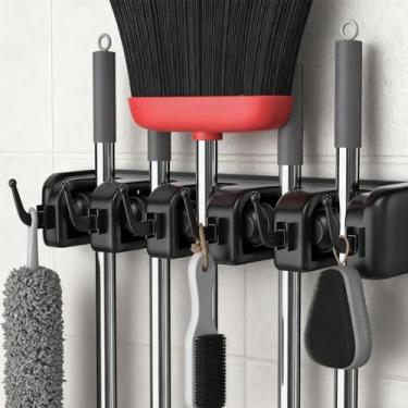 Imagem de 1 suporte retangular resistente para vassoura/vassoura para casa, garagem, jardim, lavanderia ou cozinha, 3 prateleiras, 4 ganchos