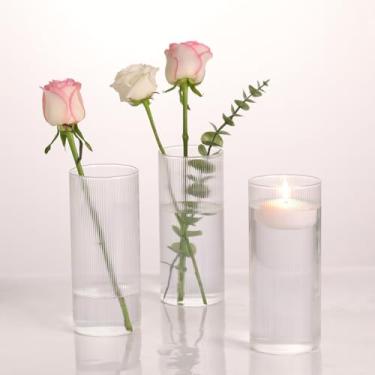 Imagem de Vasos cilíndricos de vidro canelados, pacote com 3 vasos de flores transparentes de 20 cm de altura, vasos de vela flutuantes de furacão para decoração de festa e casa