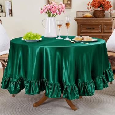 Imagem de Entisn Toalha de mesa redonda com babados de 224 cm, capa de mesa de cetim verde inclui acabamento de 12 cm para mesa de 76 a 182 cm, lavável e resistente a amassados, decoração sedosa para banquete