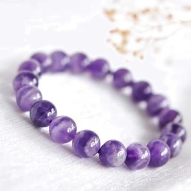 Imagem de Ametista para boa sorte - Pulseira de ametista natural, joia artesanal de contas de cristal roxo de 10 mm, pulseira elástica de pedra de cura para mulheres e homens