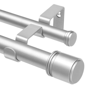 Imagem de Varão de cortina duplo de 166 a 120 polegadas, varões de cortina duplos HOTOZON de 2,5 cm para janelas 1,4 a 2,9 m, varão telescópico para cortinas com acabamentos simples, prata