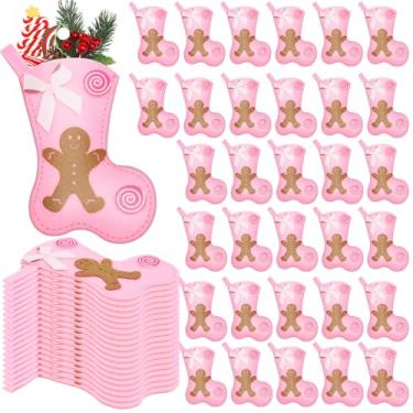 Imagem de Geyoga 48 peças de mini meias de Natal rosa a granel com homem de gengibre laço rosa doce mini meias de presente para lareira estoques pendurados pequenos feltro elfo enfeites de natal decoração para