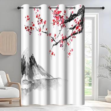Imagem de DORCEV Cortinas de janela de flor de ameixa vermelha oriental asiática chinesa pintura a tinta tradicional arte clássica criativa janela decoração japonesa cortina divisória de sala de tinta cortina