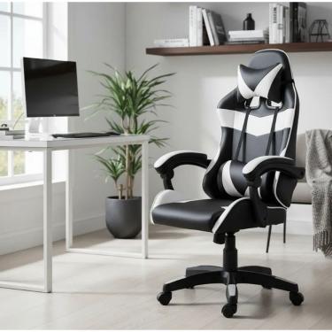 Imagem de Cadeira Escritório Gamer Profissional Reclinável Ergonômica Preto E Branco Couro Sintético