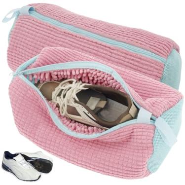 Imagem de 2 peças saco de lavanderia reutilizável de malha saco de lavanderia para máquina de lavar roupa bolsa portátil de lavagem de sapatos com zíper e gancho para tênis de corrida 39 x 19 cm (cor rosa)