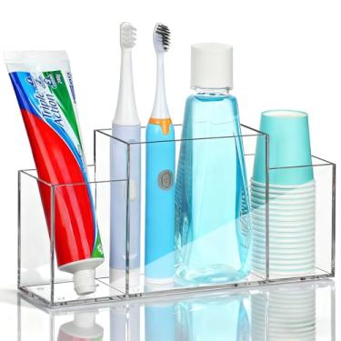 Imagem de Suporte de escova de dentes acrílico para balcão de banheiro, organizador de escova de dentes multifuncional transparente com compartimentos para escova de dentes elétrica, pasta de dente