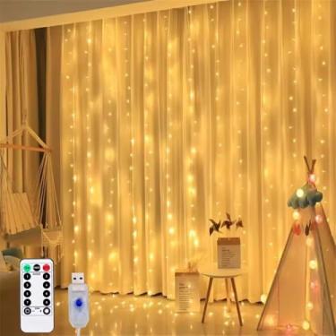 Imagem de Cortina de Luz LED 3x3m com 300 LEDs Pisca Pisca Branco Quente, USB, Controle Remoto, 8 Modos, Resistente a água IP68, Natal, Festa, Casamento, Quarto Decoração Encantadora com Fio de Fada