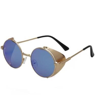 Imagem de JRLLFD Óculos de sol redondos cyberpunk com revestimento de metal, luxuosos, clássicos, masculinos, para dirigir ao ar livre, UV400 (dourado e azul)