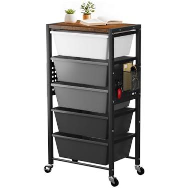 Imagem de Carrinho de rodinhas com 5 gavetas, carrinhos de armazenamento de gaveta de plástico com rodas e mesa de madeira, carrinho utilitário de metal com pegboards, escritório, sala de estar, sala de aula