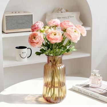 Imagem de GarDream Vaso de vidro âmbar, vaso de flores com nervuras de 22 cm de altura para buquê, peça central, decoração de mesa de jantar, vasos transparentes hidropônicos modernos decorativos para decoração