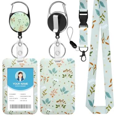 Imagem de Soleebee Porta-crachá de identificação com cordão, emblemas de identificação de flores verdes fofos e cordão removível, chaveiro retrátil, carretel de crachá resistente para enfermeiras, estudantes