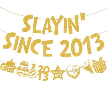 Imagem de Faixa dourada de decoração de aniversário de 12 anos - Slayin' Since 2013 12 Bday and Anniversary Banners Conjunto de decoração para meninos e meninas, guirlanda pendurada com glitter, suprimentos de