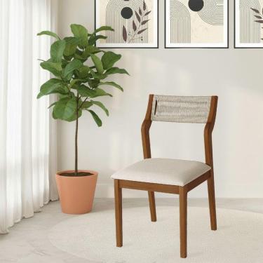Imagem de Cadeira De Jantar Lagum Conforto Estofada Jequitibá Terra Linho Bege E Corda Náutica