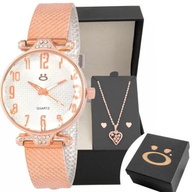 Imagem de Relogio Feminino Aço Rose Brinco Coração Colar Caixa