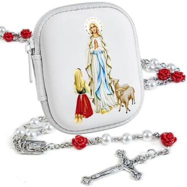 Imagem de PLONKLY Rosário católico para mulheres – contas de pérola com cruz clássica, caixa de oração com zíper da Virgem Maria, presentes de primeira comunhão, joia de confirmação de batismo, 6mm, Zinco, Sem