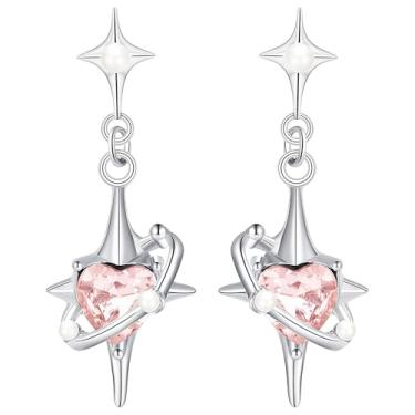 Imagem de Brincos de pedra preciosa Y2K com estrela e coração, argola de zircão com pérolas falsas e pinos de prata antialérgicos, 4 x 0,6 cm