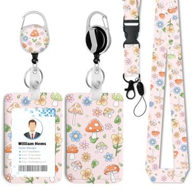 Imagem de Porta-crachá de identificação de cogumelos rosa com cordão breakaway e carretel retrátil resistente - chaveiro mosquetão giratório de 360° para mulheres, estudantes, professores, enfermeiros, uso no