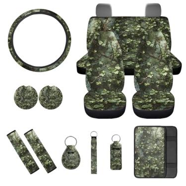 Imagem de gearider Conjunto de capa de assento de carro camuflada verde caça 13 peças com capa de volante alça de cinto de segurança almofada apoio de braço porta-copos porta-copos chaveiro interior de
