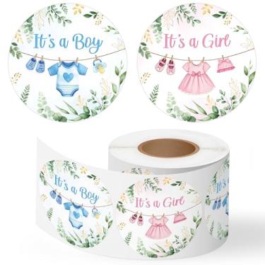 Imagem de FeuuWamme Adesivos de vinil de folhas de eucalipto aquarela de revelação de gênero, 500 peças de roupas de bebê azuis e rosa para chá de bebê, adesivo de etiqueta de menino ou menina para presente