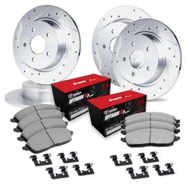 Imagem de R1 Concepts Conjunto de rotor de freio a disco prateado perfurado e ranhurado com pastilhas Oe Optimum e ferragens dianteiras e traseiras 1969-1976 BMW 3.0Si,2.8 Bavaria, 2800,250