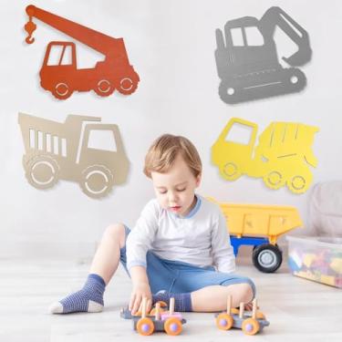 Imagem de 4 peças de veículos de construção, decoração de quarto de menino, decoração de parede de transporte de carro de madeira para meninos, ideal para sala de jogos infantis, berçário
