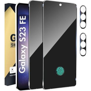 Imagem de Xiezezei Pacote com 2 + 2 protetores de tela de privacidade compatíveis com Galaxy S23 FE 5G - 2 películas de vidro temperado + 2 protetores de lente de câmera, sem bolhas de alta clareza, proteção