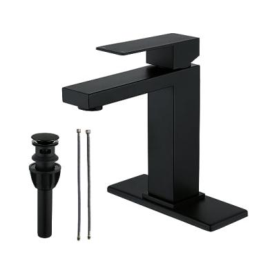 Imagem de BARROCK Torneira de banheiro preta e tampa de drenagem pop-up com transbordamento, torneiras de pia de banheiro de alça única de aço inoxidável com mangueiras de abastecimento de água e placa de deck