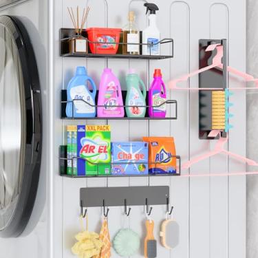 Imagem de JulktLli Pacote com 5 prateleiras magnéticas para máquina de lavar e geladeira – Sistema de organização de lavanderia resistente com ganchos de ferramentas, cestas de armazenamento de metal versáteis