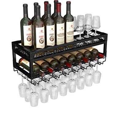 Imagem de Prateleiras flutuantes para balcão de bar preto, rack de parede para garrafa e metal, rack de vinho antigo, rack de armazenamento de parede vintage loft para decoração de cozinha/100 cm (39 pol)