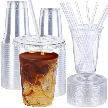 Imagem de Zcaukya 100 conjuntos de copos de plástico transparente de 473 ml com tampas planas e canudos, copos descartáveis para viagem para café gelado, refrigerante, vitaminas, sucos de frutas, chá gelado e