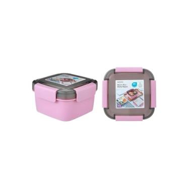 Imagem de Pote para Marmita com 2 Níveis, Rosa e Branco, 1,1 Litros, Material PP, com Colher, Divisória Funcional, 10,5 x 10,5 x 8 cm