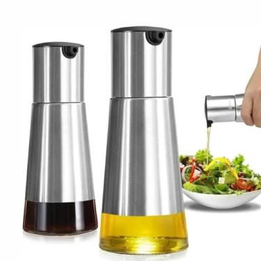 Imagem de Kit Galheteiro de Luxo 3 Peças – Porta Azeite e Vinagre em Vidro e Inox 230ml com Suporte de Metal – Conjunto Completo para Mesa Posta, Cozinha Gourmet e Condimentos Líquidos
