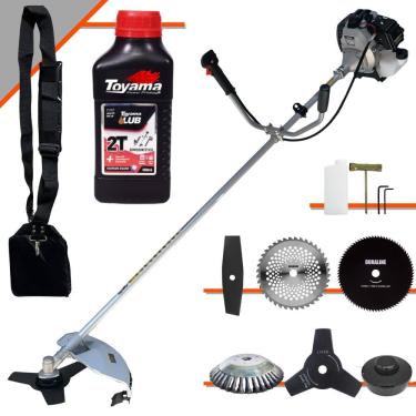 Imagem de Roçadeira Toyama TBC43-H À Gasolina 43cc 1,7HP Completa Com 6 Opções de Cortes, Carretel Nylon + Kit 4 Facas + Escova de Aço Circular + ÓLEO TOYAMA 2T
