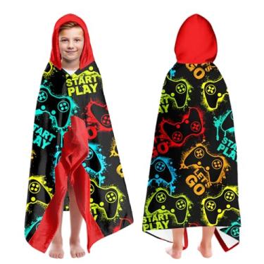 Imagem de Toalhas de praia com capuz para meninos com estampa de videogame para crianças de 7 a 10 anos, toalhas de banho com capuz para meninos adolescentes 89 x 152 cm, secagem rápida, preta, vermelha, toalha