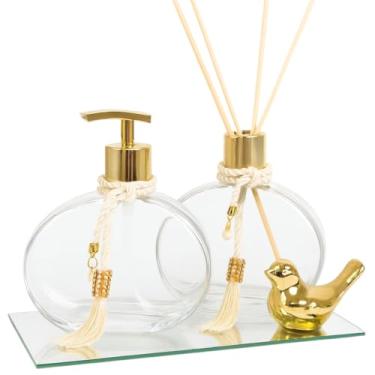 Imagem de Kit Lavabo Vidro 300ml Luxo C/Bandeja Porta Sabonete Difusor e Enfeite Decoração- Decoração Banheiro Elegante e Cristalino (Dourado c/Passarinho)