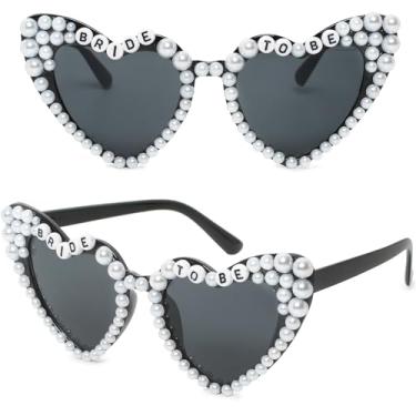 Imagem de ayigu Óculos de sol Bride To Be, óculos de sol de noiva em forma de coração pérola, lindos óculos para mulheres, presentes de despedida de solteira, Preto