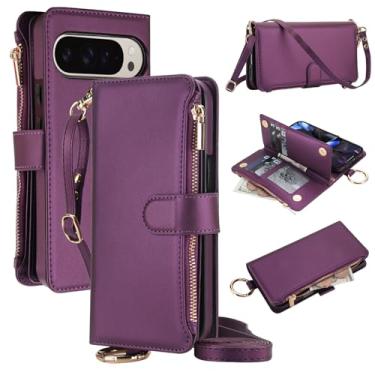 Imagem de Capa carteira para Google Pixel 10 Pro XL [bloqueio RFID] [bolso com zíper] [porta-cartão] capa protetora flip de couro PU com corda transversal/pulso/anel capa de telefone masculina e feminina (roxo