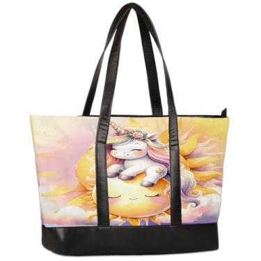 Imagem de Bolsa de lona para laptop feminina fofa sol unicórnio 15,6 polegadas grande capacidade bolsa de mão leve casual bolsa de ombro para negócios, escritório, trabalho, viagem, escola, faculdade, fim de