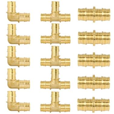 Imagem de Pacote com 15 - Conexões de expansão PEX-A de 3/4 polegadas, camiseta de latão sem chumbo certificada ASTM F1960, cotovelo, combinação de acoplamento, compatível com tubulação PEX A, encaixe de fluxo