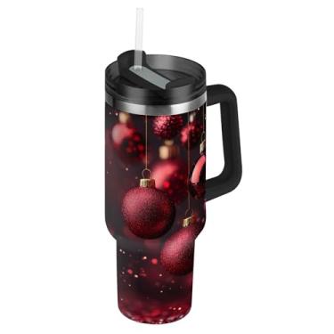 Imagem de Blueangle Copo de bolas vermelhas de Natal de 850 g com alça e tampa de palha, caneca de viagem de aço inoxidável isolada a vácuo de parede dupla, garrafa de água reutilizável para academia de