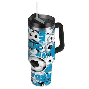 Imagem de ATTX Copo de futebol azul de 1,134 g com alça, copo de aço inoxidável a vácuo de parede dupla com palha, caneca de café de viagem isolada #38
