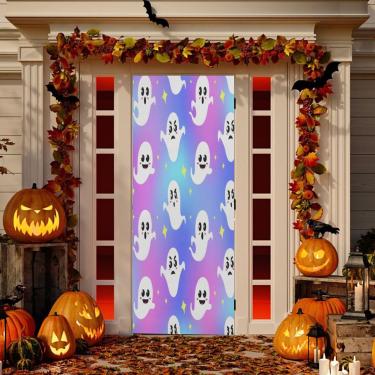 Imagem de ATTX Capa de porta da frente fantasma Halloween - tecido elástico lavável decoração de férias para festas, casa, decoração de porta da frente, 35x79 polegadas (415)