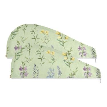 Imagem de SEHANY Toalha de cabelo de microfibra elegante flores verdes para mulheres 2 peças turbantes de cabelo de secagem rápida com botão, touca de cabelo seco absorvente toalha de secagem de cabelo para