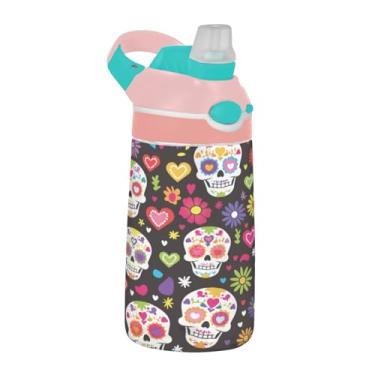 Imagem de ATTX Garrafa de água Sugar Skull Flower 473 g - Garrafa de água reutilizável Tritan Sports & Travel com canudo e tampa de bico pop-up #579