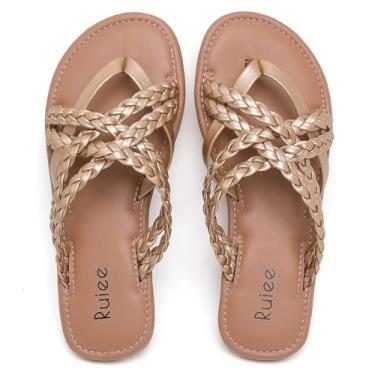 Imagem de Ruiee Sandálias rasteiras femininas de largura larga, chinelos de verão casuais trançados pés largos sandálias deslizantes confortáveis sandálias de dedo aberto sapatos de praia para mulheres., Ouro