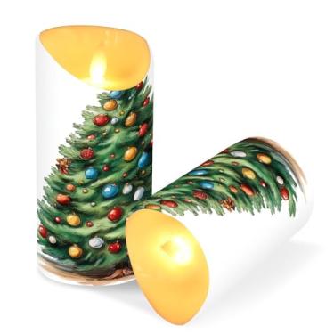 Imagem de Blueangle Pacote com 2 velas de árvore de Natal em aquarela sem chama com controle remoto e temporizador, velas LED cintilantes (7,6 cm x 9,9 cm) para decoração de casa, casamento, acampamento (116)