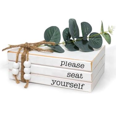 Imagem de LARAINEIK 3 peças de livros brancos decorativos de madeira, livros falsos de fazenda rústica para prateleiras de mesa de centro com borlas e folhas de contas de madeira, 18 cm x 12 cm x 6 cm (por