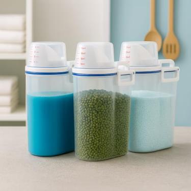 Imagem de CJL Home – Kit 3 Potes Herméticos 2L com Tampa Vedante e Copo Medidor | Organizadores para Cozinha e Lavanderia | Para Sabão em Pó, Cereais, Grãos e Mantimentos