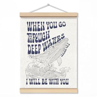 Imagem de ZNGFON Decoração de parede cristã de tubarão-baleia na moda 30,5 x 40,6 cm, When You Go Through Deep Waters I Will Be With You Isaías 43:2, pôster de arte de parede com moldura de madeira, verso azul