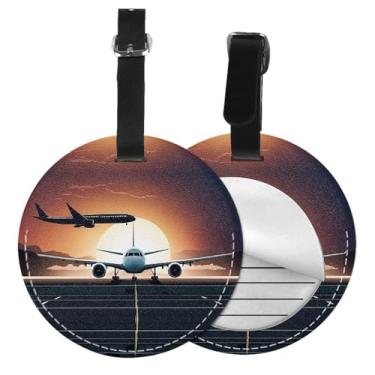 Imagem de Mochila Avião - Etiqueta de Bagagem Redonda Personalizável Estampada - Couro PU Impermeável, Proteção de Privacidade e Reflexiva para Viagens, Animais de Estimação, Malas